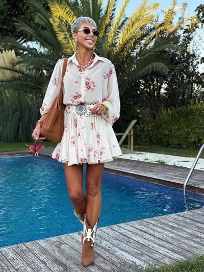 KREM RENK ÇİÇEK DESENLİ ŞİFON ETEK GÖMLEK TAKIM