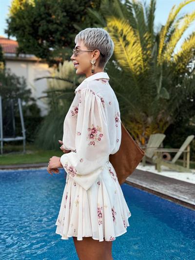 KREM RENK ÇİÇEK DESENLİ ŞİFON ETEK GÖMLEK TAKIM