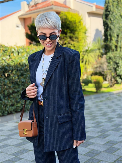 LACİVERT ÇİZGİ DETAY DOKUMA BLAZER CEKET