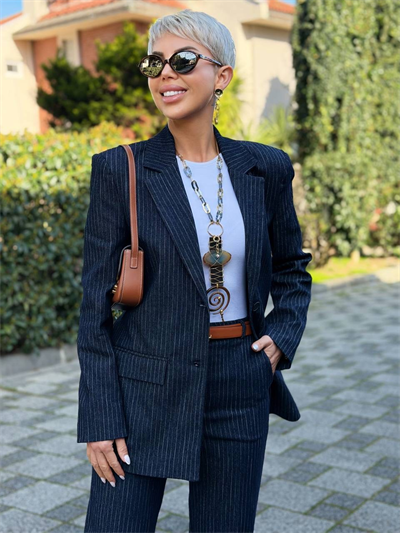 LACİVERT ÇİZGİ DETAY DOKUMA BLAZER CEKET