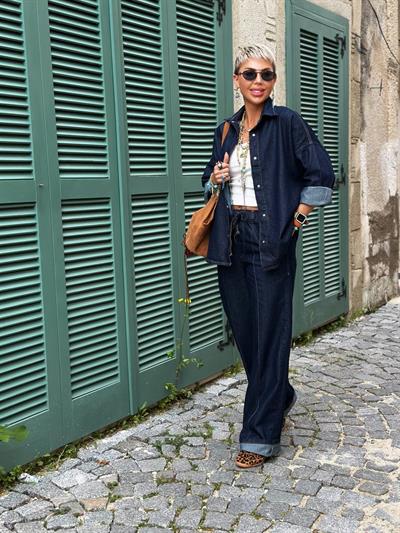 LACİVERT DENIM BELİ LASTİKLİ PANTOLON GÖMLEK TAKIM