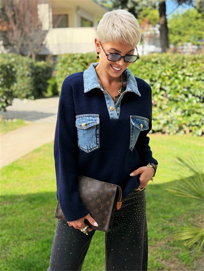 LACİVERT DENIM DETAY CEPLİ POLO YAKA TRİKO KAZAK 