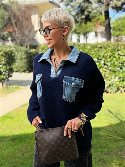 LACİVERT DENIM DETAY CEPLİ POLO YAKA TRİKO KAZAK 