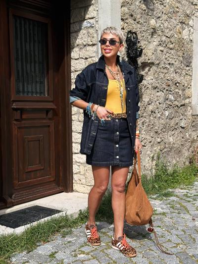 LACİVERT DENIM DÜĞMELİ ETEK GÖMLEK TAKIM