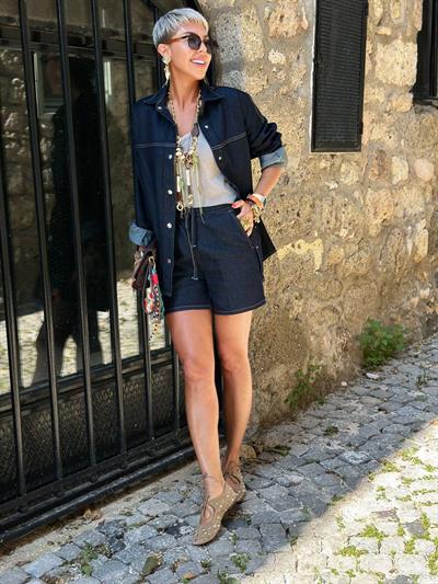 LACİVERT DENIM GÖMLEK ŞORTLU TAKIM