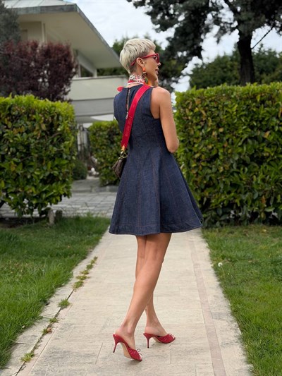 LACİVERT DİKİŞ DETAY DENIM ELBİSE