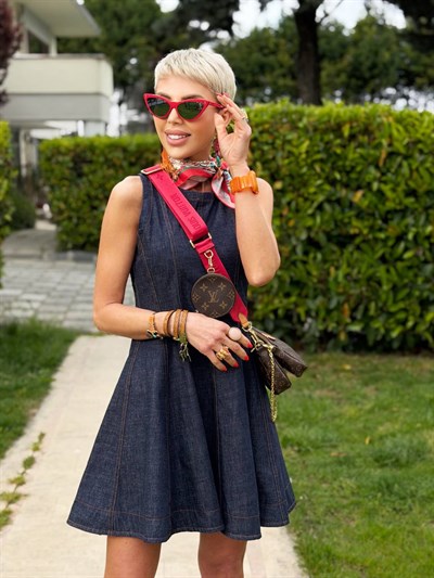 LACİVERT DİKİŞ DETAY DENIM ELBİSE