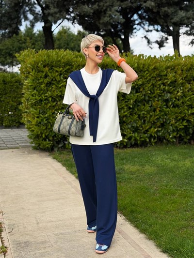 LACİVERT FULAR DETAYLI TSHIRT PANTOLON TAKIM