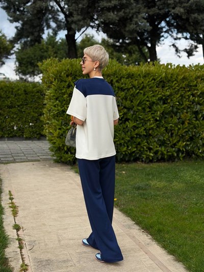 LACİVERT FULAR DETAYLI TSHIRT PANTOLON TAKIM