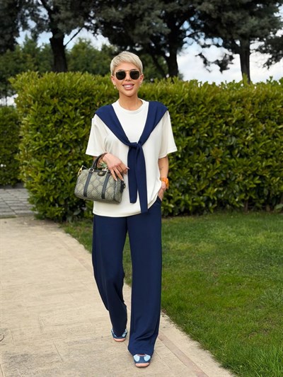 LACİVERT FULAR DETAYLI TSHIRT PANTOLON TAKIM