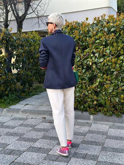 LACİVERT İÇİ BASKILI KURDELE DETAY BLAZER CEKET