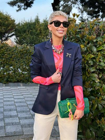 LACİVERT İÇİ BASKILI KURDELE DETAY BLAZER CEKET