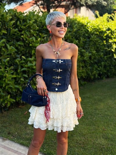 LACİVERT KANCALI DENIM CROP