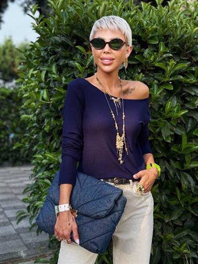 LACİVERT S.STUDIO KAYIK YAKA PREMIUM BLUZ