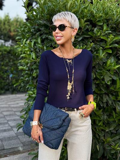 LACİVERT S.STUDIO KAYIK YAKA PREMIUM BLUZ