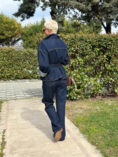 LACİVERT KEMERLİ DENIM CEKET PANTOLON TAKIM