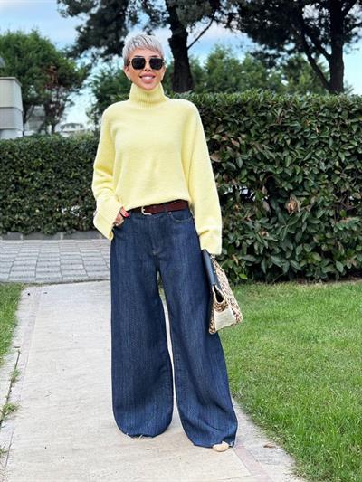 LACİVERT KENDİNDEN DESENLİ PREMIUM DENİM PANTOLON