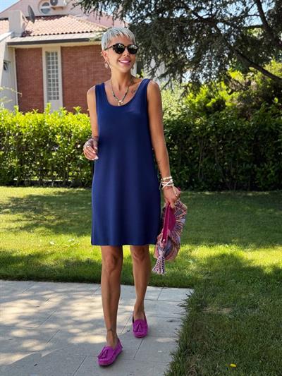 LACİVERT KOLSUZ MODAL ELBİSE