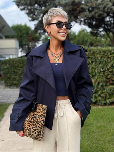 LACİVERT KUŞAKLI KISA TRENÇ