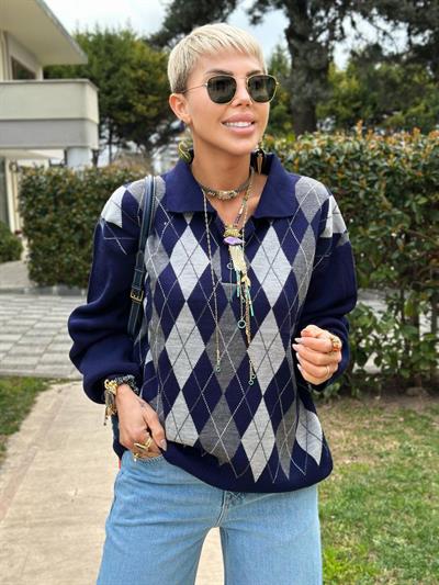 NAVY POLO-COLLAR BUTTONED DIAMOND-PRINT SWEATER