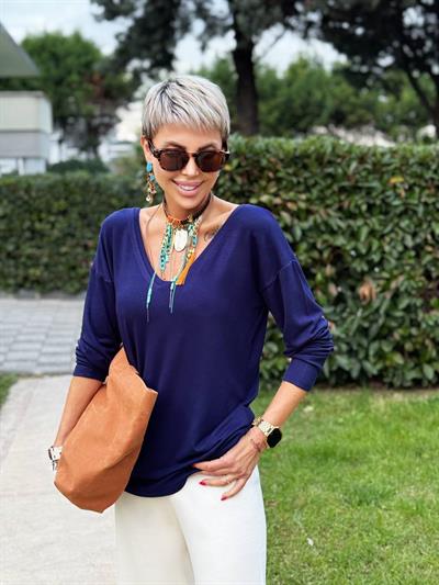 LACİVERT S.STUDIO ÖN ARKA V YAKA PREMIUM BLUZ