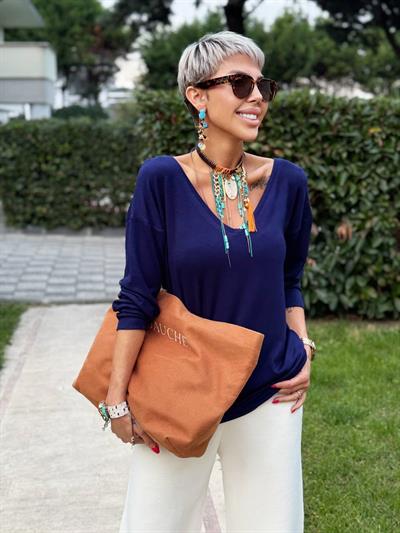 LACİVERT S.STUDIO ÖN ARKA V YAKA PREMIUM BLUZ
