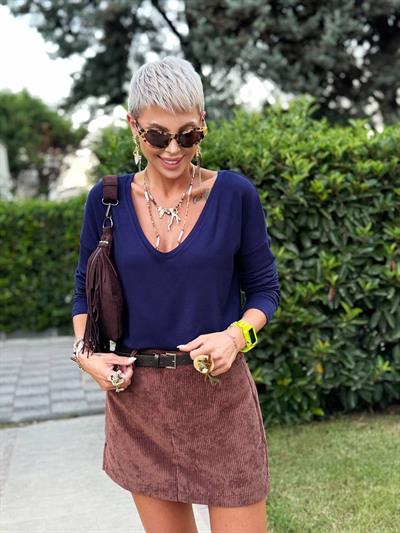 LACİVERT S.STUDIO DERİN V YAKA PREMIUM BLUZ 