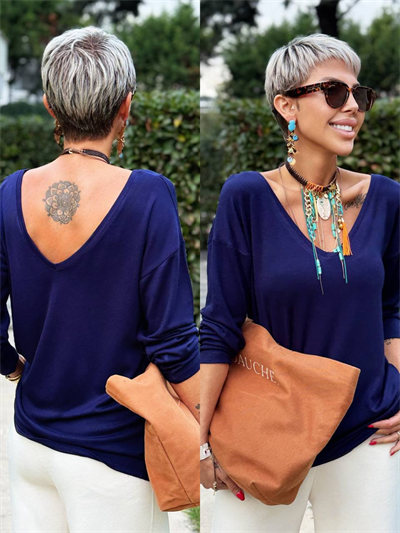 LACİVERT S.STUDIO ÖN ARKA V YAKA PREMIUM BLUZ