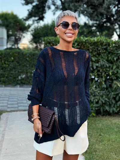 NAVY CABLE KNIT OPENWORK SWEATER 