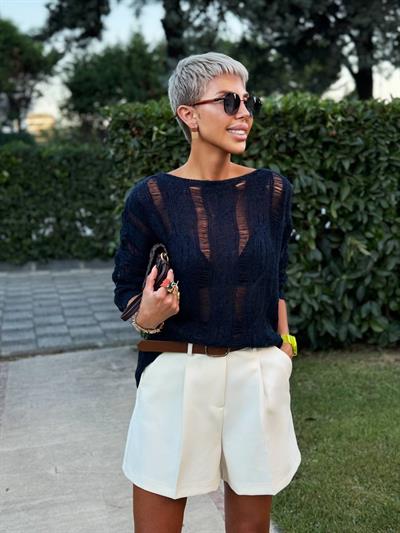 NAVY CABLE KNIT OPENWORK SWEATER 