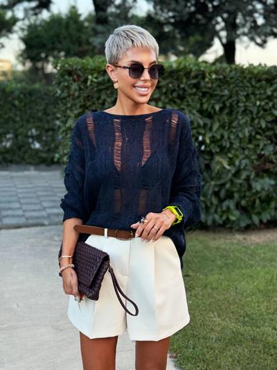 NAVY CABLE KNIT OPENWORK SWEATER 