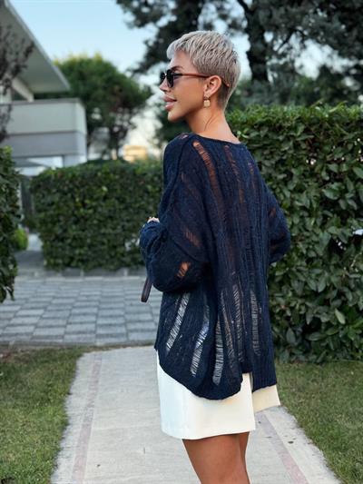 NAVY CABLE KNIT OPENWORK SWEATER 