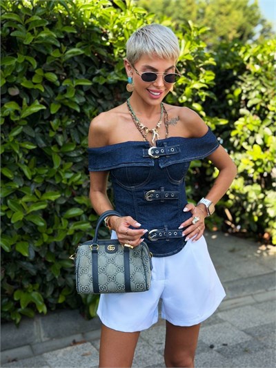 LACİVERT SIRT FERMUARLI KEMER DETAY DENIM BÜSTİYER