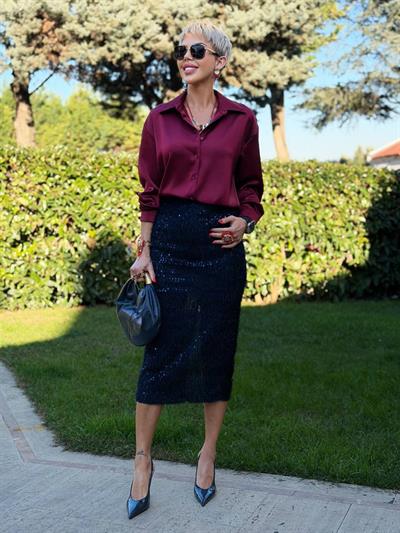 LACİVERT TÜYLÜ PUL PAYETLİ MİDİ ETEK