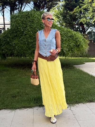 LİMON RENK KIRIŞIK MİDİ ETEK