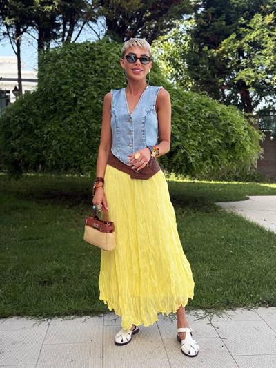 LİMON RENK KIRIŞIK MİDİ ETEK