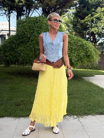 LİMON RENK KIRIŞIK MİDİ ETEK