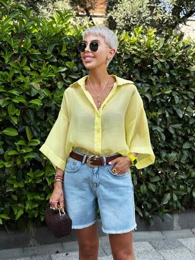 LİMON SARISI OVERSIZE İPEKSİ GÖMLEK