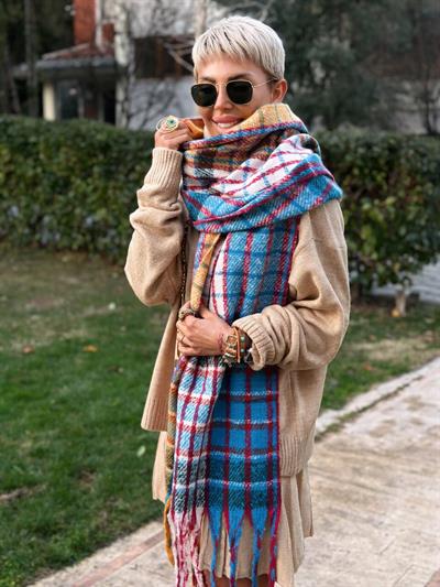 MAVİ EKOSE DESEN RENKLİ YÜN ŞAL 