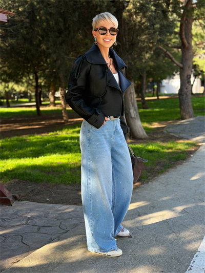 AÇIK MAVİ TAŞ İŞLEMELİ WIDE LEG JEAN PANTOLON