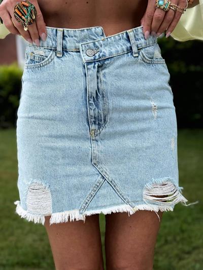 MAVİ ASİMETRİK DÜĞME KAPAMA DENIM ETEK