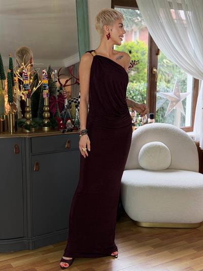 MÜRDÜM TEK OMUZ DRAPE DETAY ELBİSE