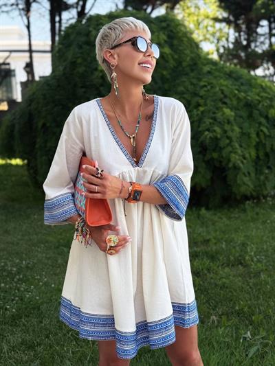 NATURAL RENK KETEN BOHEM ELBİSE