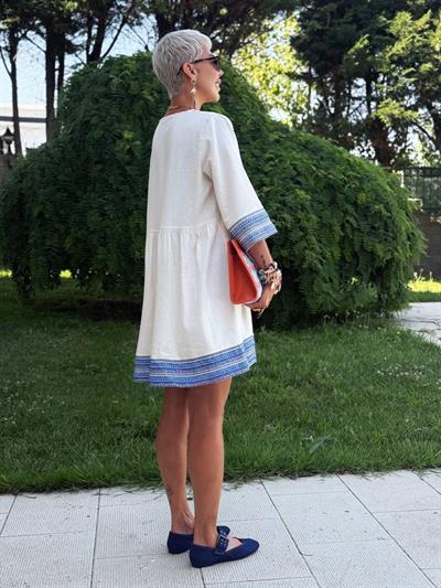 NATURAL RENK KETEN BOHEM ELBİSE
