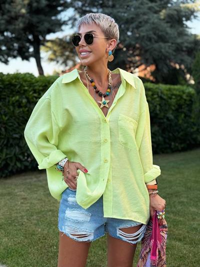 NEON YEŞİL OMZU DÜŞÜK OVERSIZE GÖMLEK 