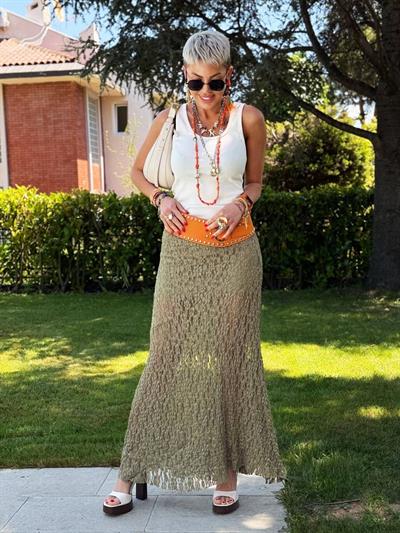 OLİVE ASTARLI MAXI DANTEL ETEK