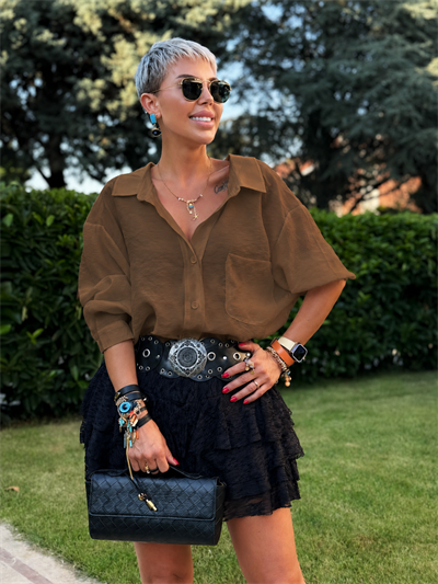 OMZU DÜŞÜK OVERSIZE GÖMLEK (KAHVE)