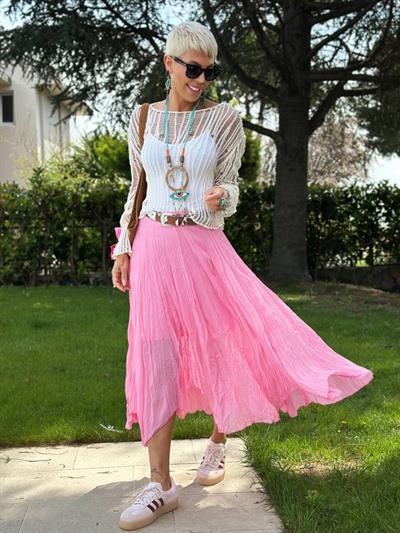 PEMBE ASTARLI ASİMETRİK ŞİFON ETEK
