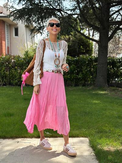 PEMBE ASTARLI ASİMETRİK ŞİFON ETEK