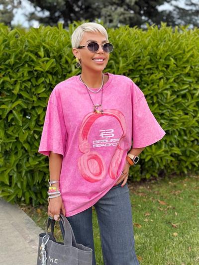 PEMBE KULAKLIK BASKILI OVERSIZE TSHIRT